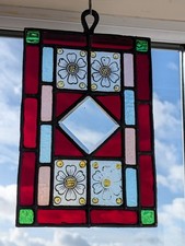 Pretty Antique  Compact Hand Painted Hanging Stained Glass Window Panel