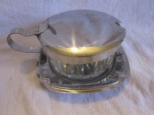 Stainless steel glass & metal sugar bowl. hinged lid but no spoon. INOX on base