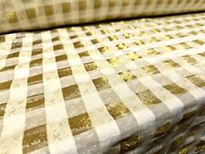 Taffeta Faux Silk Fabric, Per Metre- Metallic Gingham Stars Print - Gold & Cream