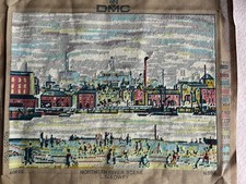NORTHERN RIVER SCENE inspired by L.S. LOWRY A Finished Cross Stitch 19.75”x15”