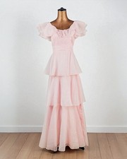 Vintage 70s Dress Long Maxi Hippie Elegant Boho Flounces Pink White Dots - UK 6