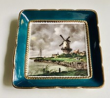 Sandland Ware Dutch Windmill Dark Green Gilded Square Pin Trinket Dish Vintage