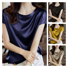 Women Satin Faux Silk Tops Short Sleeve Tee Basic Blouse T-shirts Shiny Soft