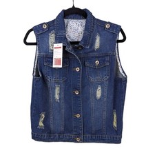 Blue Denim Vest Sleeveless Distressed Botton Front Size Med