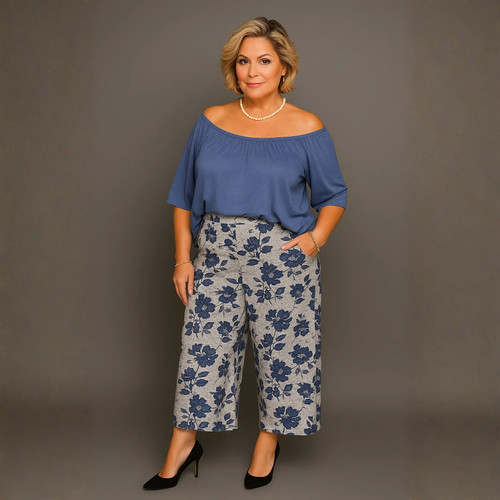 Grey blue floral elastic waist - blue,