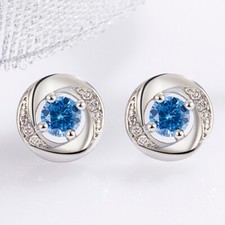 925 Sterling Silver Twist Swirl Circle Blue CZ Gem Stud Earrings Women Gift Gift