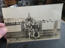 FAMILY IN VINTAGE BEACHWARE, FELPHAM 1915. VINTAGE REAL PHOTO POSTCARD