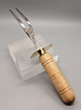 Vintage Butcher's Carving Fork with Oak Handle & Brass Safety Guard - 26.5cm