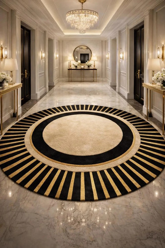 Black gold round rug hand