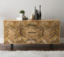 Solid Mango Wood 3 Drawer & 2 Door Herringbone Sideboard Storage Cabinet, 145 cm