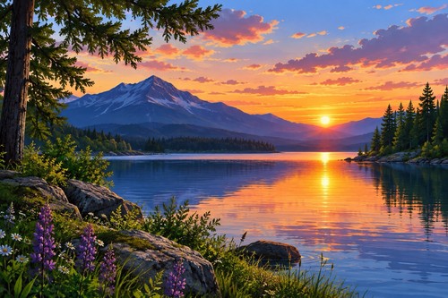 Fiery sunset lake and - lake,