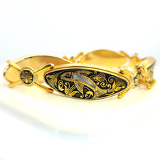 Vintage Gold Tone Bracelet Faux Damascene Spanish Jewellery with Faux MoP