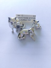 Vintage Saturno Silver Family of 3 Cats Sheffield 1997 Trio Miniature Ornaments