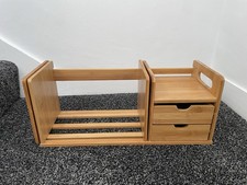 EXTENDING TABLETOP WOODEN BOOK RACK  WITH 2 DRAWERS  VGC