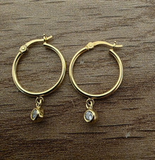 9ct Yellow Gold on Silver 20mm Clear Cz Drop Dangle Hoop Hinged Earrings - Gift