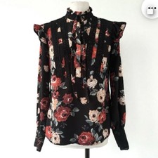 Mylene Klass Black And Red Floral Frilly Blouse Size 10