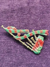 Vintage Enamel Scottish Bagpipes Brooch In Tartan Enamels On Gold Tones