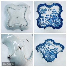 19th Century Blue Willow English Pattern Square Dish Shallow Bowl Pin Repaired