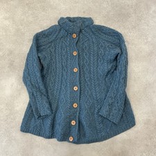 Aran Cardigan Womens Medum Cable Knit Merino Wool Sweater, Blue