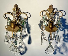 PAIR of tiered French Ornate Antique Crystal Glass Wall Sconces / Candle Holders