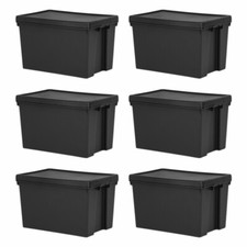 6 x Black Large Storage Boxes With Lids Heavy Duty Plastic Containers - 62 Litre