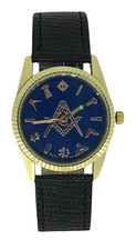 Masonic Freemason Square And Compass Gold Quartz Black Leather Wrist Watch