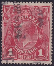 AUST KGV 1d RED SINGLE Wk. FLAW - DAMAGED RIGHT FRAME. USED. (L582)