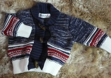 BABALUNO BABY COTTON CARDIGAN BLUE RED WHITE AGE 3-6 MONTHS WOOD BUTTONS