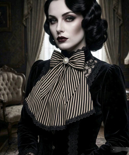 Cream black stripe lace jabot - cream,