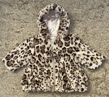 Pistachio Baby Girl 6M Leopard Print Faux Fur Full-Zip Pom Pom Pulls Hooded Coat