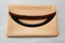 Vintage 1960s Beige Leather-Look Vinyl Clutch Bag w/ Tortoiseshell Lucite Handle