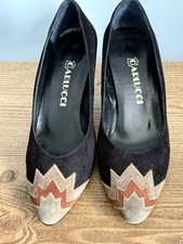 Vintage Unworn 1980s Carlucci Black Suede Court Shoes Art Deco Brown Toes 38.5