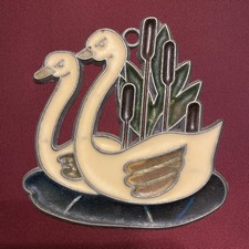 Vintage Stained Glass Style Acrylic Window Sun Catcher Swan Swans Pond Cat Tails