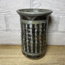 Alan Ward Studio Pottery Ribbed Vase drip Glaze Earthy Colours Approx 13.5 Cm