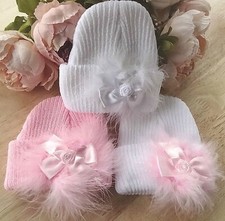 Baby Knitted Hat Rosette Bow Marabou Feather White Pink Pull On Beanie Newborn