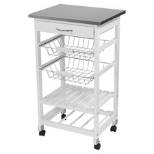 4 Tier White Wood Metal Rolling Kitchen Serving Trolley Cart Veg Storage Drawer