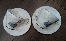 Pair of Vintage Argyle Bone China Tea Cups & Saucers Floral Silver Wedding VGC
