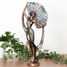 Tall Art Deco Lady Woman Figurine Ornament Statue Bronze Silver Feather Fan 38cm