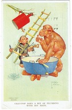 LAWSON WOOD 'GRANPOP' POSTCARD, 'GRAN'POP DOES A BIT OF PLUMBING WITH HIS MATE'