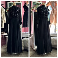 Vintage 60s 70s Formal Maxi Evening Hostess Dress Black Sequins Modest M/L