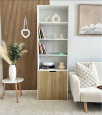 Tall Narrow Bookcase Modern Storage Cabinet Slim Oak Cupboard Display Shelf Unit