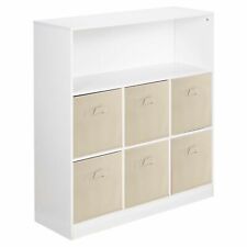 Wooden White Wide 7 Cubed Cupboard Storage Unit Shelves 6 Beige Drawers Baskets