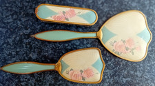 Vintage Dressing Table Set Mirror, Hairbrush, Clothes Brush. Blue Floral design