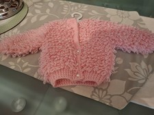 Baby Girls Loopy Cardigan 16" Chest Handknitted In Pink D/K with pearl buttons