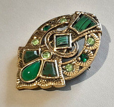 Vintage Gold Tone Miracle Brooch With Green Stones - Signed