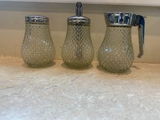 Vintage Glass Sugar & Syrup Dispenser Diamond Point Cut Glass Set of 3