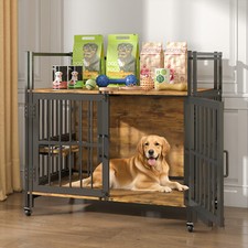 100cm Large Dog Crate Furniture w/Storage 2 Rotatable Bowl Wheels Indoor Cage