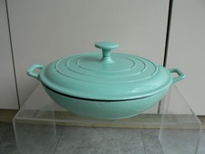Enamelled Cast Iron Heavy Shallow Casserole Dish with Lid Aqua Blue LARGE