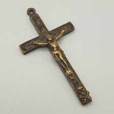 Large Pendant Hanging Crucifix 7.5cm Brass Cross with Skull & Crossbones