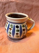 Artisan Pottery Mug with Blue Stripes & Earthy Dots – Rustic Vintage Style